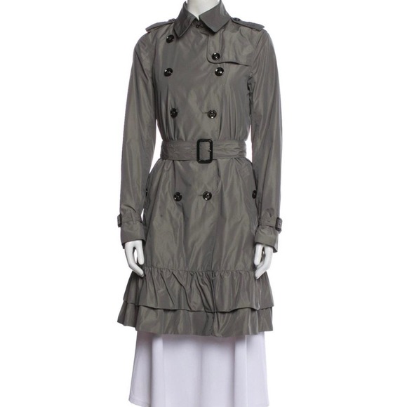Burberry Jackets & Blazers - Burberry London Double Breasted Belted Gray Green Ruffled‎ Trench Coat Sz US 6